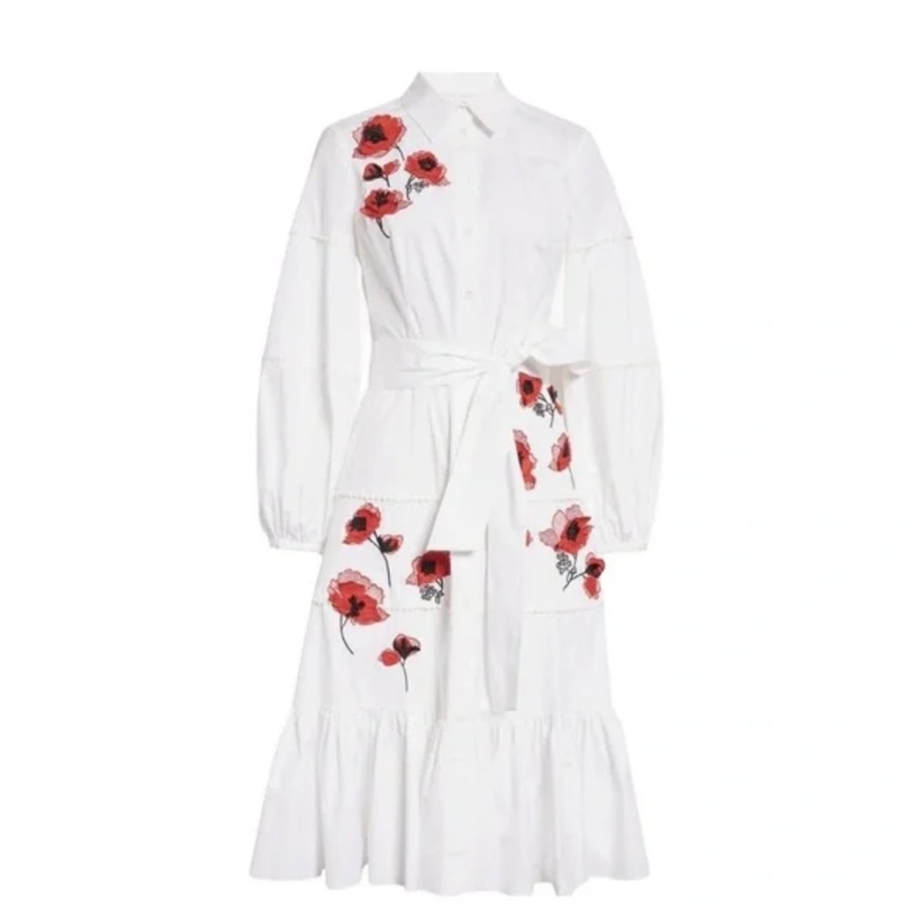 New Carolina Herrera Embroidered Midi Shirt Dress Size 8 - Picture 3 of 10